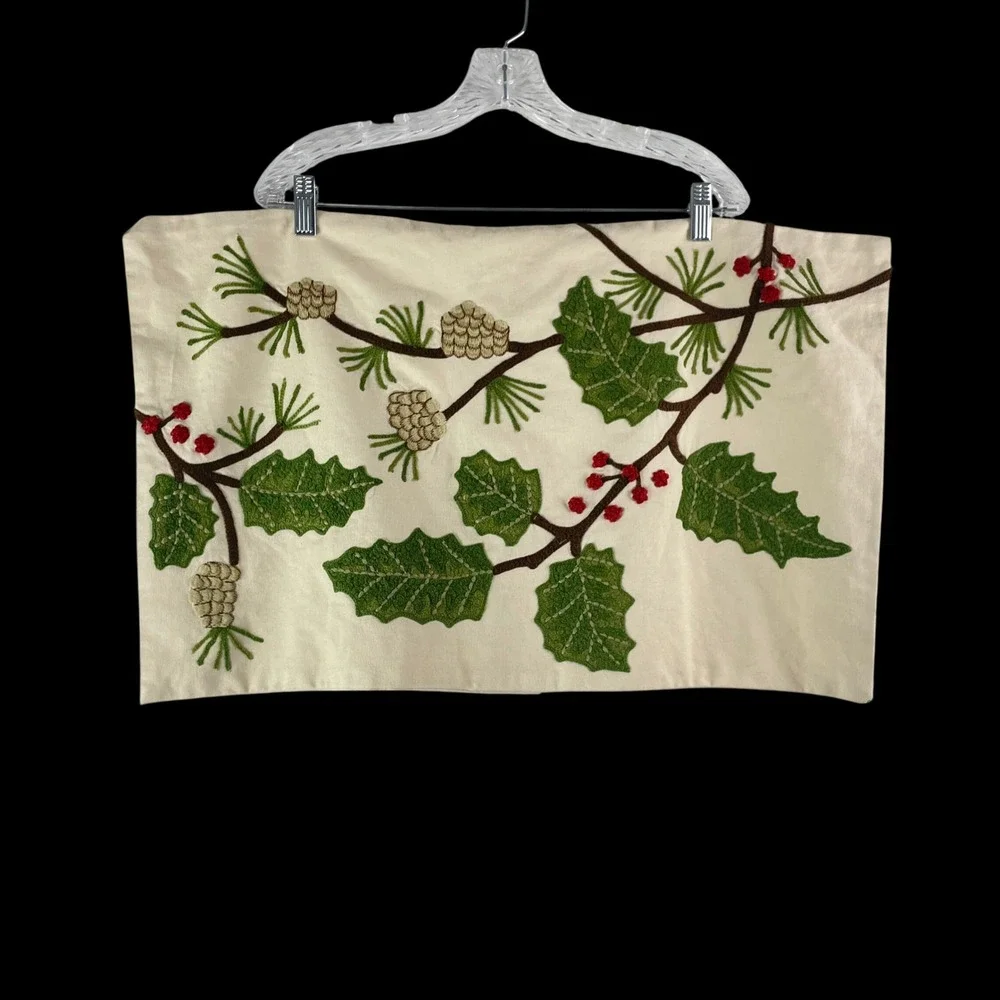 Pottery Barn Pinecone Holly Lumbar Pillow Cover 16x26‎ Cream Embroidered
